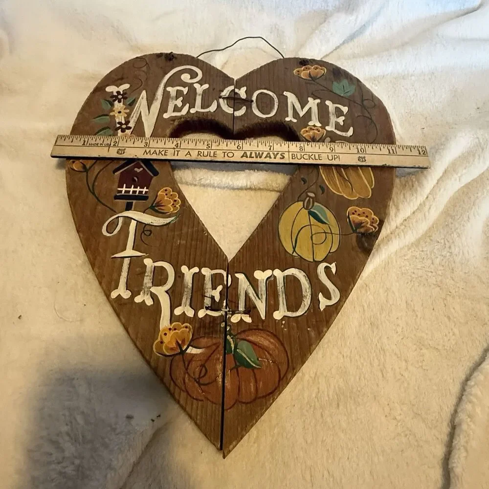 Primitive Wood Welcome Friends Fall Hanging Heart Sign Floral Pumpkin Cottagecor